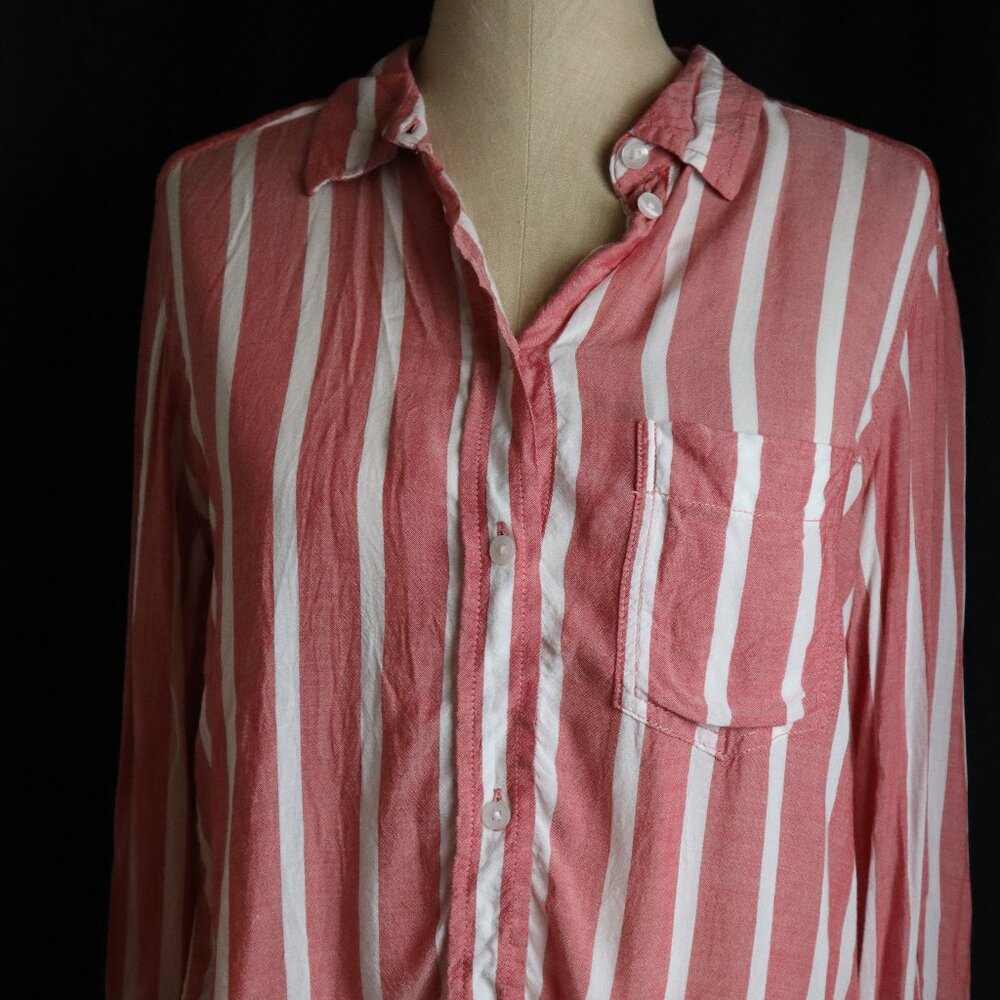 American Eagle Womens XS Red White Striped Button Down Oversized Thin Beach